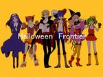  3girls aibu animal_ears aqua_eyes bad_id bad_pixiv_id bandages blonde_hair blue_hair brown_hair cape dress food_themed_hair_ornament green_hair hair_ornament halloween hat jack-o'-lantern long_hair luca_angeloni macross macross_frontier matsuura_nanase mikhail_buran multiple_boys multiple_girls nun orange_background ponytail pumpkin pumpkin_hair_ornament purple_eyes purple_hair ranka_lee red_eyes saotome_alto sheryl_nome short_hair thighhighs vampire witch witch_hat 