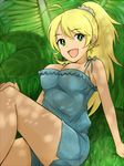  ahoge bare_shoulders blonde_hair breasts camisole cleavage dappled_sunlight green_eyes hoshii_miki idolmaster idolmaster_(classic) large_breasts long_hair ponytail scrunchie shorts smile solo spaghetti_strap stmp sunlight 