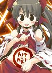  :p bare_shoulders bodypaint bow brown_eyes brown_hair detached_sleeves face gameplay_mechanics hair_bow hakurei_reimu hit_box long_hair midriff navel solo tongue tongue_out touhou yudepii 