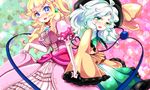  blonde_hair blue_eyes breasts crossover dress elbow_gloves gloves holding_hands komeiji_koishi long_hair mario_(series) medium_breasts multiple_girls pink_dress princess_peach silver_hair small_breasts smile super_mario_bros. touhou yukimimi 