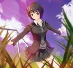  amagami black_eyes black_hair blurry cloud depth_of_field grass grey_skirt kibito_high_school_uniform lens_flare long_sleeves nanasaki_ai ok-ray outstretched_arms pleated_skirt school_uniform short_hair skirt smile solo spread_arms swing swing_set 