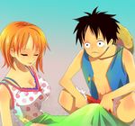  1girl bra breasts cleavage closed_eyes hat himerinco large_breasts lingerie monkey_d_luffy nami_(one_piece) one_piece orange_hair scar squatting straw_hat underwear 