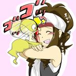  ^_^ baseball_cap blood blush brown_hair closed_eyes gen_5_pokemon happy hat headbutt hinoki_bayashi pokemon pokemon_(creature) pokemon_(game) pokemon_bw scraggy touko_(pokemon) vest 