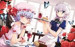  ahoge arm_support bare_shoulders bat_wings blue_eyes bow braid bug butterfly cake chair chiba_sadoru drink drinking_straw dutch_angle flower food fork glass hair_bow hat highres insect izayoi_sakuya lavender_hair licking_lips maid maid_headdress multiple_girls red_eyes red_flower red_rose remilia_scarlet rose short_hair silver_hair sitting slit_pupils table tongue tongue_out touhou tray twin_braids wings wrist_cuffs 