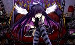  :q angel angel_wings artist_name as109 blue_eyes bow burning_eyes cake chain commentary_request crossed_legs dress food glowing glowing_eyes gothic_lolita hair_bow halo highres jack-o'-lantern lolita_fashion long_hair multicolored_hair panty_&amp;_stocking_with_garterbelt purple_hair sitting smile solo stocking_(psg) striped striped_legwear stuffed_toy thighhighs tongue tongue_out wallpaper wings 