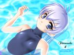  aizawa_kotarou blue_hair blush competition_swimsuit from_above lavender_hair looking_at_viewer lying muvluv on_back one-piece_swimsuit partially_submerged skin_tight smile solo swimsuit tareme water yashiro_kasumi 