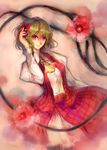  ascot flower green_hair hair_flower hair_ornament hand_in_hair kazami_yuuka long_skirt nokishita pantyhose petticoat plaid plaid_skirt plaid_vest puffy_sleeves red_eyes short_hair skirt skirt_set smile solo touhou vest 