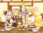  :d animal_ears baking blonde_hair bowl brown_eyes brown_hair cat_ears chen closed_eyes cookie cooking eijima_moko food fox_tail hairband hat hat_ribbon indoors konpaku_youmu konpaku_youmu_(ghost) long_hair mob_cap multiple_girls multiple_tails ohagi_(food) open_mouth pillow_hat pink_hair plate puffy_short_sleeves puffy_sleeves red_eyes ribbon saigyouji_yuyuko short_hair short_sleeves silver_hair smile tail touhou triangular_headpiece upper_body whisk yakumo_ran yakumo_yukari 