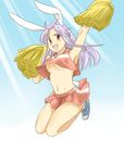  animal_ears armpits bad_id bad_pixiv_id breasts bunny_ears bunny_tail cheerleader jumping koyama_shigeru long_hair medium_breasts midriff no_bra pom_poms purple_hair red_eyes reisen_udongein_inaba shirt_lift smile solo tail touhou underboob 