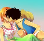  1girl breasts cleavage hat hetero himerinco kiss large_breasts monkey_d_luffy nami_(one_piece) one_piece orange_hair straw_hat 