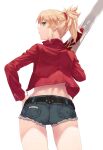  1girl ass back belt blonde_hair blue_shorts braid clarent_(fate) cutoffs denim denim_shorts fate/apocrypha fate/grand_order fate_(series) green_eyes highres jacket long_hair long_sleeves looking_at_viewer looking_back mordred_(fate) mordred_(fate/apocrypha) mordred_(memories_at_trifas)_(fate) parted_bangs ponytail red_jacket short_shorts shorts sidelocks solo sword tesin_(7aehyun) thighs weapon 
