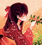  amezawa_koma bad_id bad_pixiv_id bow brown_hair closed_eyes flower hair_bow japanese_clothes kimono long_hair original plant solo 