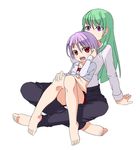  barefoot casual green_hair lilith_aensland long_hair morrigan_aensland multiple_girls ninomae_ichijiku purple_hair red_eyes short_hair siblings sisters vampire_(game) 