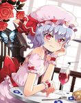  arm_support bare_shoulders bat_wings blue_hair bug butterfly cake chair chiba_sadoru cup drink drinking_glass drinking_straw dutch_angle flower food fork glass hat hat_ribbon highres insect red_eyes red_flower red_rose remilia_scarlet ribbon rose short_hair sitting solo table touhou wine_glass wings wrist_cuffs 