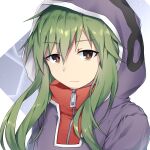  1girl black_eyes closed_mouth commentary_request commission floating_hair green_hair hair_between_eyes hood hood_up hoodie kagerou_project kaoling kido_tsubomi long_hair looking_at_viewer mekakucity_actors orange_pupils purple_hoodie solo upper_body zipper 