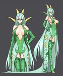  boots breasts center_opening cleavage elbow_gloves emukon gen_5_pokemon gloves green green_footwear green_legwear hand_on_hip high_heels highres large_breasts long_hair multiple_views personification pokemon print_legwear serperior shoes sideboob smirk thigh_boots thighhighs very_long_hair 