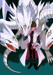 1boy ankle_belt arm_belt arm_up belt belt_buckle black_footwear black_pants black_shirt blue-eyes_ultimate_dragon blue_belt blue_eyes boots brown_hair buckle card coat collared_coat colored_skin commentary dragon duel_disk duel_monster english_commentary hair_between_eyes hand_on_another&#039;s_face highres holding holding_card jewelry kaiba_seto long_sleeves looking_at_viewer male_focus multiple_belts necklace open_mouth pants popped_collar poxeii scales sharp_teeth shirt shirt_tucked_in short_hair solo spikes standing teeth tongue two-sided_coat two-sided_fabric white_coat white_skin yu-gi-oh! yu-gi-oh!_duel_monsters 
