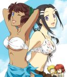  armpits bandeau bikini_top blonde_hair breast_envy breasts dark_skin face ibis_douglas lips lune_zoldark medium_breasts mizuki_kaya multiple_girls one_eye_closed ricarla_borgnine rio_meilong smile super_robot_wars swimsuit 