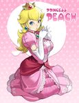  bad_id bad_pixiv_id blonde_hair blue_eyes blush breasts crown dress earrings elbow_gloves gloves jewelry kneeling large_breasts lips long_hair maou_alba mario_(series) pink_dress princess_peach solo super_mario_bros. 