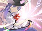  blue_eyes blue_hair flat_chest food fruit haruba_negi hat highres hinanawi_tenshi long_hair peach solo sword sword_of_hisou touhou weapon 