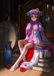 absurdres bespectacled book candle crescent glasses hat highres legs library long_hair mirror patchouli_knowledge purple_eyes purple_hair saber_01 sitting socks solo touhou vase voile 