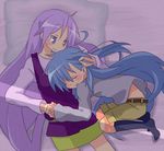  blue_eyes blue_hair closed_eyes dorinko hiiragi_kagami holding_hands interlocked_fingers izumi_konata long_hair lucky_star mole mole_under_eye multiple_girls pillow purple_hair sleeping 