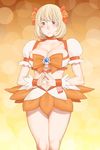  aoki_yuriko bad_id bad_pixiv_id bakuman blonde_hair blush bow breasts brown_eyes choker cleavage cosplay cure_sunshine cure_sunshine_(cosplay) gradient gradient_background heartcatch_precure! large_breasts legs looking_at_viewer magical_girl orange_(color) orange_background orange_bow orange_choker orange_skirt precure short_hair skirt solo takasugi_kou yellow_background 