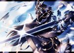  1boy arm_up armor black_coat black_hair black_helmet capitano_(genshin_impact) clawed_gauntlets coat commentary_request faceless faceless_male film_grain floating_hair genshin_impact helmet highres holding holding_sword holding_weapon long_hair long_sleeves male_focus ornate_weapon scales signature solo sparkle sword uouzzz upper_body weapon 