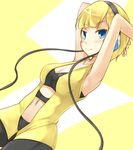  armpits arms_up blonde_hair blue_eyes blush breasts cleavage gym_leader hand_behind_head headphones kamitsure_(pokemon) kuro_(be_ok) navel pantyhose pokemon pokemon_(game) pokemon_bw short_hair small_breasts smile solo 