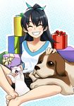  ^_^ animal bad_id bad_pixiv_id barefoot black_hair blush_stickers breasts butterfly_sitting casual cat cleavage closed_eyes dog ganaha_hibiki gift grin halftone halftone_background idolmaster idolmaster_(classic) long_hair medium_breasts ponytail sitting sleeping smile solo tkhs toes 