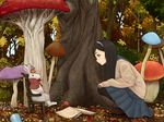  alice_(wonderland) alice_in_wonderland book brown_hair bunny chair crown fantasy forest hairband long_hair mushroom nature okiru profile school_uniform serafuku skirt squatting sweater throne tree white_rabbit 