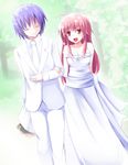  1girl angel_beats! bad_id bad_pixiv_id blue_hair bouquet closed_eyes couple dress flower formal good_end hetero hinata_(angel_beats!) long_hair okome_(minagisama) pink_eyes pink_hair red_eyes smile suit wedding_dress yui_(angel_beats!) 