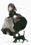  1boy apron black_dress brown_eyes brown_hair cat dress frilled_apron frills full_body highres juliet_sleeves kagerou_project koooom_23 long_hair long_sleeves maid maid_apron maid_headdress open_mouth puffy_sleeves solo tateyama_ayano white_apron 