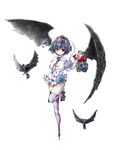  bird black_hair black_wings camera crow expressionless full_body geta hat highres looking_at_viewer nanashii_(soregasisan) open_mouth red_eyes shameimaru_aya short_hair simple_background solo standing standing_on_one_leg tengu-geta thighhighs tokin_hat touhou wings zettai_ryouiki 