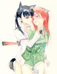  agahari animal_ears black_hair eye_contact imminent_kiss long_hair looking_at_another military military_uniform minna-dietlinde_wilcke multiple_girls open_mouth ponytail red_eyes red_hair sakamoto_mio simple_background strike_witches sweat sword tail traditional_media uniform watercolor_(medium) weapon world_witches_series yuri 