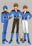  4boys alternate_universe amuro_ray arm_at_side artist_name belt black_belt black_cape black_pants blonde_hair blue_eyes blue_footwear blue_hair blue_jacket blue_pants boots brown_hair cape char&#039;s_counterattack char_aznable character_age chibi chibi_inset closed_mouth commentary_request crying earth_federation ekomozzarella full_body green_eyes grey_background gundam gundam_zz hair_between_eyes hand_on_own_hip hands_on_own_hips height_difference highres jacket judau_ashta kamille_bidan knee_boots looking_at_viewer looking_to_the_side male_focus military_uniform multiple_boys pants red_jacket red_pants shirt short_hair smile standing turtleneck turtleneck_shirt wavy_eyes white_pants white_shirt zeon zeta_gundam 