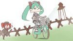  2girls :i aqua_eyes aqua_hair bananafish1111 bicycle brown_hat brown_jacket brown_pants chasing closed_mouth drill_hair faceless faceless_female fence fleeing flying_sweatdrops food_in_mouth hat hatsune_miku highres jacket jitome kasane_teto lapels long_hair multiple_girls necktie outstretched_arm pants prison_clothes red_hair riding riding_bicycle running shirt short_hair spring_onion striped_clothes striped_hat striped_pants striped_shirt suit_jacket tower twin_drills twintails utau vocaloid watchtower wide_shot 