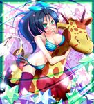  bad_id bad_pixiv_id bikini black_hair blue_eyes blush breasts ganaha_hibiki giraffe high_ponytail highres idolmaster idolmaster_(classic) idolmaster_2 large_breasts long_hair natsu_(anta_tte_hitoha) navel o-ring o-ring_top ponytail purple_legwear riding side-tie_bikini solo star swimsuit thighhighs 