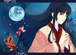  bamboo bamboo_forest branch brown_hair eyelashes fish forest full_moon goldfish hands houraisan_kaguya japanese_clothes jeweled_branch_of_hourai kimono lips moon nataku39 nature night solo touhou 