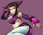  bad_id bad_pixiv_id breasts brown_hair drill_hair dudou fingerless_gloves gloves halter_top halterneck han_juri medium_breasts red_eyes short_hair solo spikes street_fighter street_fighter_iv_(series) takahina twin_drills underboob 