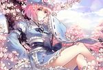  blush body_blush cherry_blossoms crossed_legs frills hands hat in_tree japanese_clothes legs looking_at_viewer nature petals pink pink_eyes pink_hair rella saigyouji_yuyuko short_hair sitting sitting_in_tree smile solo thighs too_many too_many_frills touhou tree 