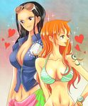  :p absurdres bangle bikini_top black_hair bracelet breasts cleavage earrings eyewear_on_head heart highres himerinco jewelry large_breasts log_pose long_hair midriff multiple_girls nami_(one_piece) navel nico_robin one_piece orange_eyes orange_hair pink_sarong print_sarong purple_eyes sarong smile sparkle sunglasses tattoo tongue tongue_out upper_body 