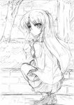  angel_beats! cat from_behind greyscale holding iseno_yajin long_hair looking_back monochrome sketch solo tenshi_(angel_beats!) 