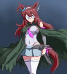  1girl ahoge blue_eyes breasts brown_hair cloak cosplay covered_navel detached_sleeves eyepatch grey_skirt gundam gundam_00 gundam_exia gundam_exia_(cosplay) highres horse_girl large_breasts leotard metal_hairband mihono_bourbon_(umamusume) miniskirt necktie pink_necktie simple_background skirt solo thighhighs umamusume white_leotard white_thighhighs windg0 zettai_ryouiki 