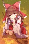  an2a antenna_hair bow broom brown_eyes brown_hair chin_rest detached_sleeves flower hair_bow hair_flower hair_ornament hakurei_reimu light_smile looking_at_viewer looking_up short_hair sketch smile solo squatting touhou 