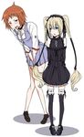  3u bad_id bad_pixiv_id bdsm blonde_hair blue_eyes blush bondage bound bow brown_eyes brown_hair chain collar detached_sleeves ekaterina_kurae embarrassed femdom frills garters gothic_lolita hair_tubes hairband have_to_pee katsuragi_hana leash lolita_fashion long_hair multiple_girls ribbon school_uniform seikon_no_qwaser short_hair simple_background slave sweat thighhighs twintails very_long_hair white_background zettai_ryouiki 