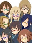  akiyama_mio aqua-framed_eyewear bespectacled black-framed_eyewear black_hair blonde_hair blue-framed_eyewear blue_eyes brown_eyes brown_hair extra glasses green-framed_eyewear highres hirasawa_yui k-on! kotobuki_tsumugi manabe_nodoka multiple_girls nodoka_glasses purple-framed_eyewear purple_eyes red-framed_eyewear satou_akane semi-rimless_eyewear shinasaki_(shinasaki) tachibana_himeko tainaka_ritsu takahashi_fuuko taki_eri under-rim_eyewear yellow-framed_eyewear 