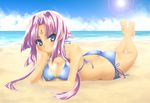  ass beach bikini blue_eyes blush breasts cleavage day highres koihime_musou large_breasts lying minose_(phe) outdoors purple_hair short_hair side-tie_bikini sonken swimsuit 