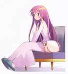  absurdres akiba_rika bag couch dress hair_ornament hairclip hanbun_no_tsuki_ga_noboru_sora handbag highres long_dress long_hair purple_eyes purple_hair ribbon sitting slippers solo yamamoto_keiji 