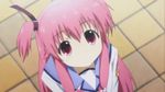  angel_beats! animated animated_gif lowres nyan one_eye_closed paw_pose pink_eyes pink_hair school_uniform screencap serafuku solo subtitled two_side_up v winking_(animated) yui_(angel_beats!) 